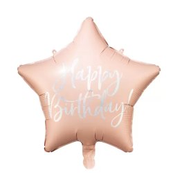 Fólia lufi, csillag alakú, púder pink , 40cm,  Happy Birthday felirattal