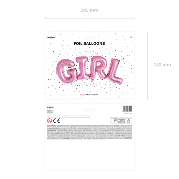 Fólia lufi, GIRL felirat, pink, 74 X 33cm