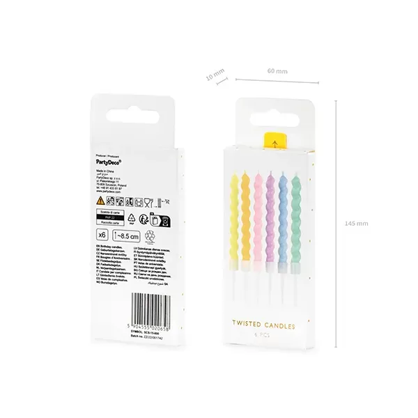 Gyertya,csavart, pasztel, 8,5 cm, 6 db/cs