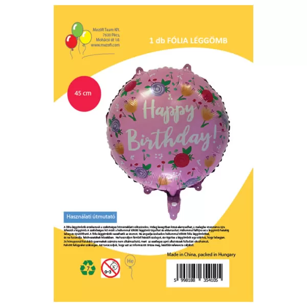 Happy Birthday,  rózsaszín, virágos, fólia lufi, 45 cm