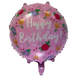 Happy Birthday,  rózsaszín, virágos, fólia lufi, 45 cm