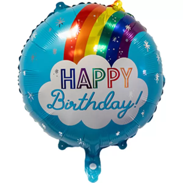 Happy Birthday,  világos kék, szivárványos, fólia lufi, 45 cm