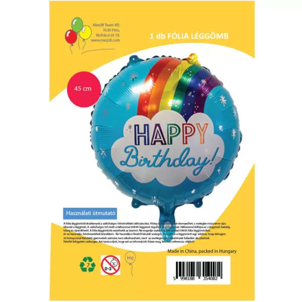 Happy Birthday,  világos kék, szivárványos, fólia lufi, 45 cm