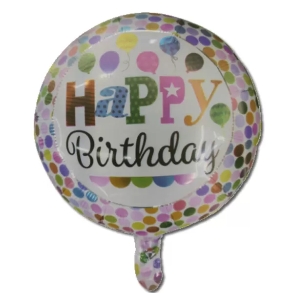 Happy Birthday, fehér pöttyös, lufikkal, fólia lufi, 18