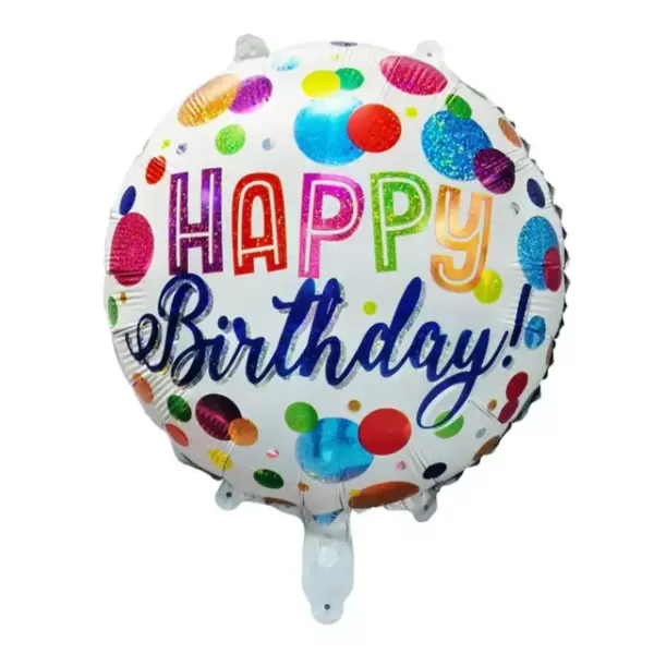 Happy Birthday, fehér, pöttyös, fólia lufi, 45 cm