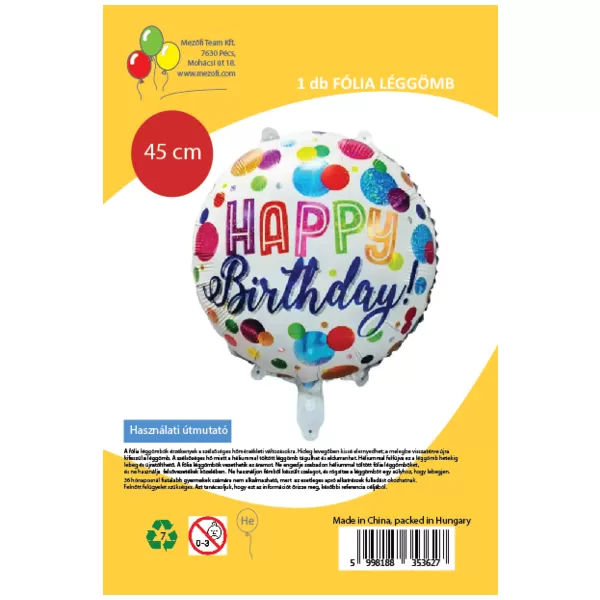 Happy Birthday, fehér, pöttyös, fólia lufi, 45 cm