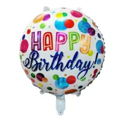 Happy Birthday, fehér, pöttyös, fólia lufi, 45 cm