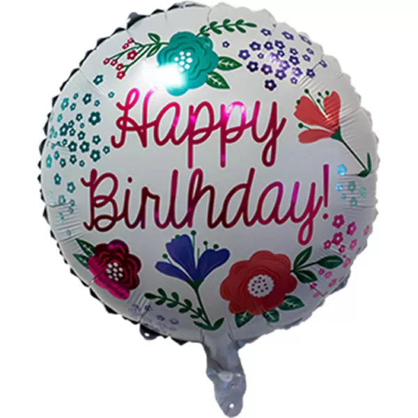 Happy Birthday, fehér, virágos fólia lufi, 45 cm