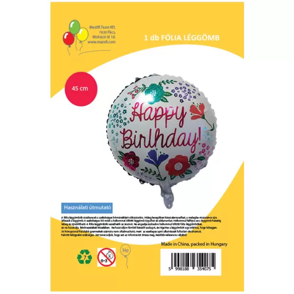 Happy Birthday, fehér, virágos fólia lufi, 45 cm