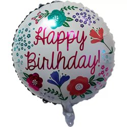 Happy Birthday, fehér, virágos fólia lufi, 45 cm