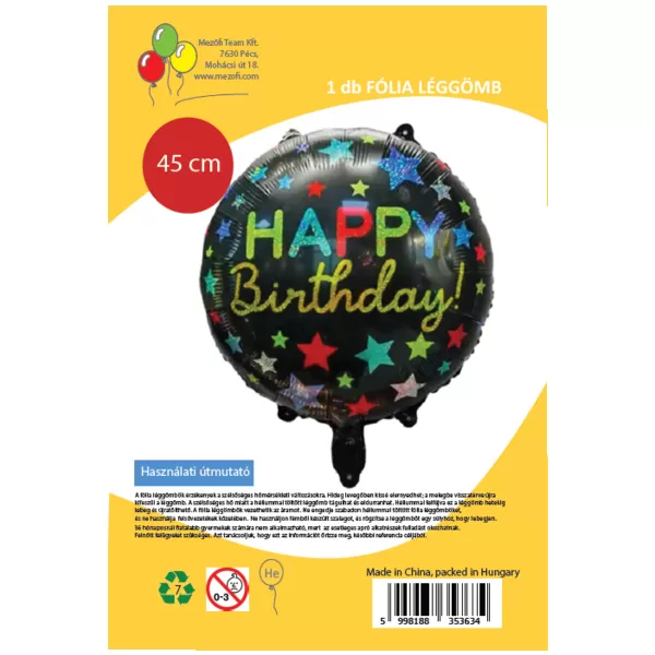 Happy Birthday, fekete, csillagos, fólia lufi, 45 cm