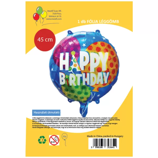 Happy Birthday, kék, lufis, fólia lufi, 45 cm