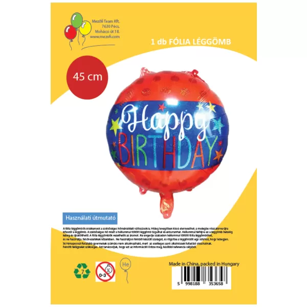 Happy Birthday, kék-piros, fólia lufi, 45 cm