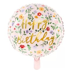 Happy Birthday, virágos,  fólia lufi,  35 cm (14 col)