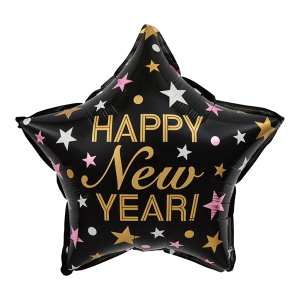 Happy New Year, csillag fekete, fólia lufi 45cm