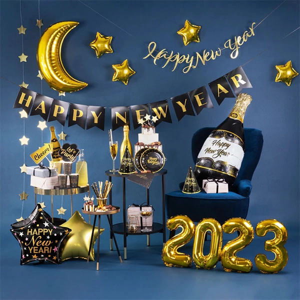 Happy New Year, csillag fekete, fólia lufi 45cm