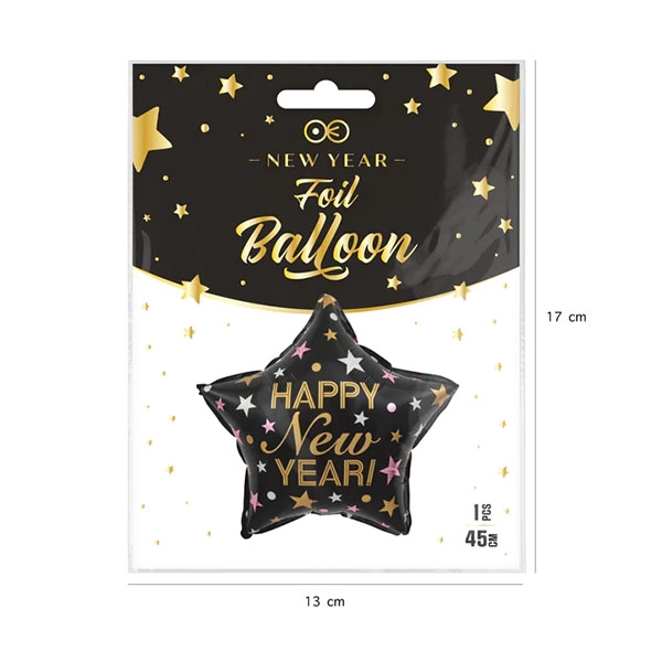 Happy New Year, csillag fekete, fólia lufi 45cm