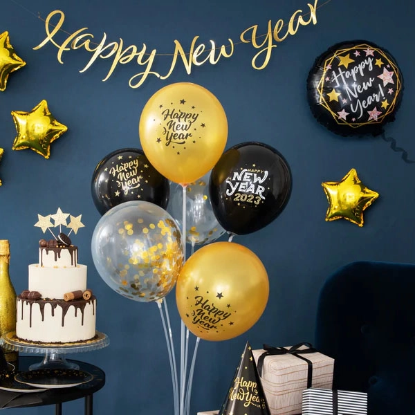 Happy New Year, fekete csillagos, fólia lufi 45cm
