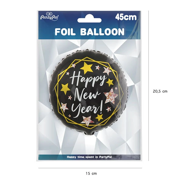 Happy New Year, fekete csillagos, fólia lufi 45cm
