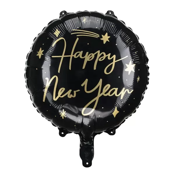 Happy New Year, kerek alakú, fekete fólia lufi, 45 cm