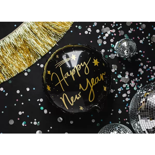 Happy New Year, kerek alakú, fekete fólia lufi, 45 cm