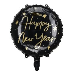 Happy New Year, kerek alakú, fekete fólia lufi, 45 cm