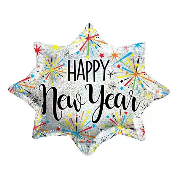 Happy New Year, tűzijáték motívumokkal, fólia lufi 45cm