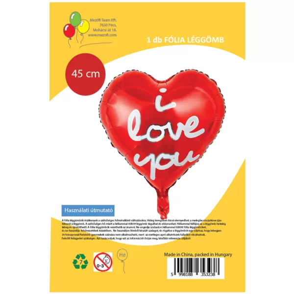 I Love You, szív, piros, Fólia lufi, 18