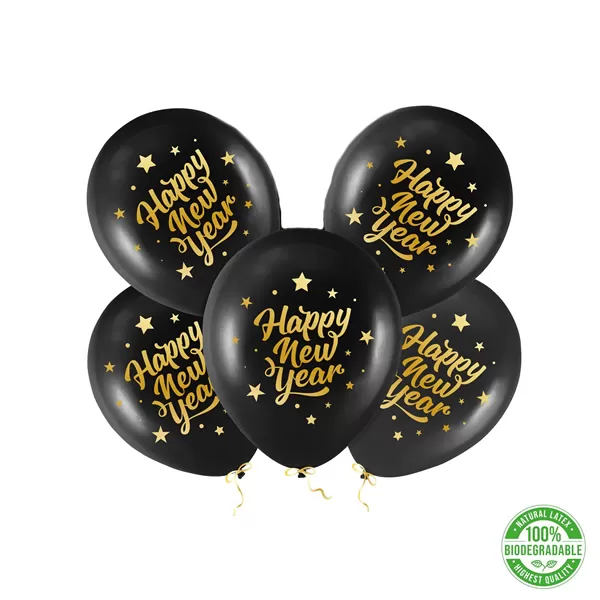 Lufi, fekete,  Happy New Year, 30cm,  5 db/cs
