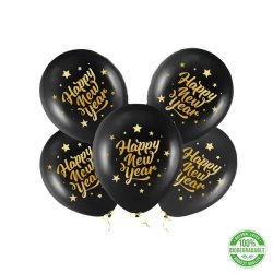 Lufi, fekete,  Happy New Year, 30cm,  5 db/cs