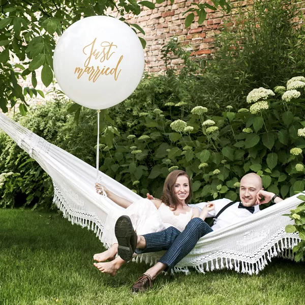 Óriás gumi lufi, fehér, 100 cm, gömb, Just married
