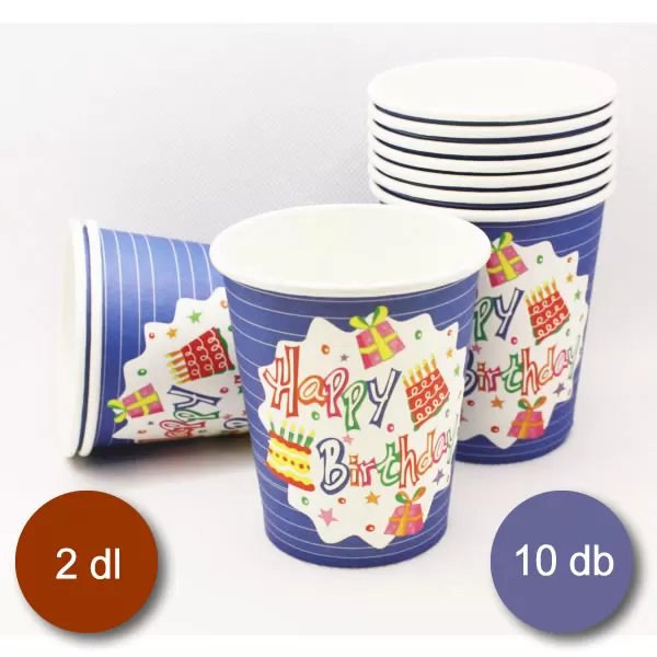 Papír pohár 10 db/cs - Happy Birthday kék-tortás