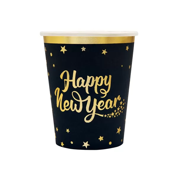 Papír pohár, fekete színben, Happy New Year, 220 ml, 6 db/cs