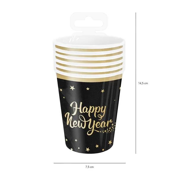Papír pohár, fekete színben, Happy New Year, 220 ml, 6 db/cs