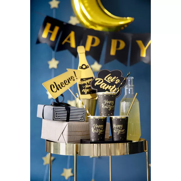 Papír pohár, fekete színben, Happy New Year, 220 ml, 6 db/cs