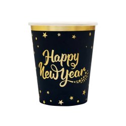 Papír pohár, fekete színben, Happy New Year, 220 ml, 6 db/cs