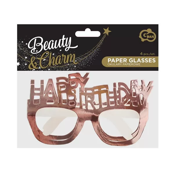 Papír szemüveg , rose gold, Happy Birthday 4 db/cs