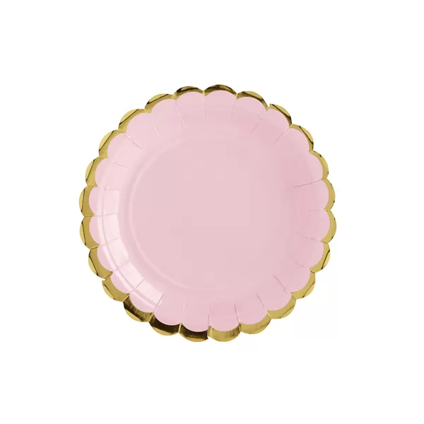 Papír tányér, világos pink, arany szegéllyel, 18 cm