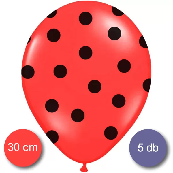 Pöttyös léggömb, 30cm, piros színben, fekete pöttyökkel, 5 db/cs