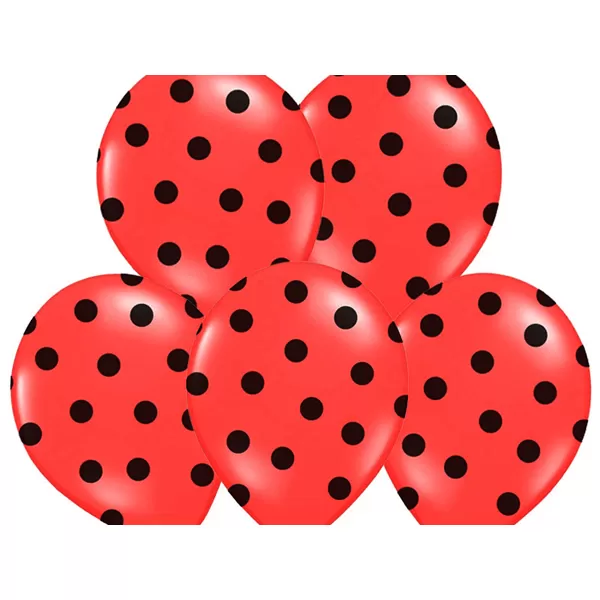 Pöttyös léggömb, 30cm, piros színben, fekete pöttyökkel, 5 db/cs