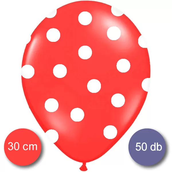 Pöttyös léggömb, nagy csomag, 30cm, piros színben, 50 db/cs