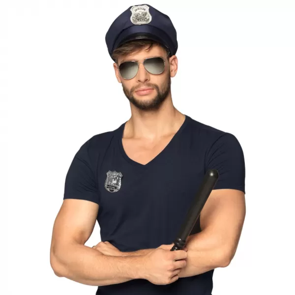 Rendőr sapka, szemüveg, bot, jelvény