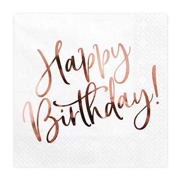 Szalvéta, fehér, happy birthday, rosegold felirat, 20 db, 33x33 cm